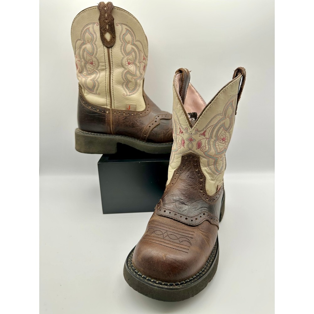 Justin Gypsy Cowboy Boots Womens 7B Brown Cream Leather Embroidered L9924